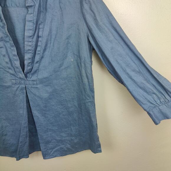 Ann Taylor Linen Top Womens 10 Blue Split Neck 3/4 Sleeve Preppy Beachy Light - Picture 4 of 9